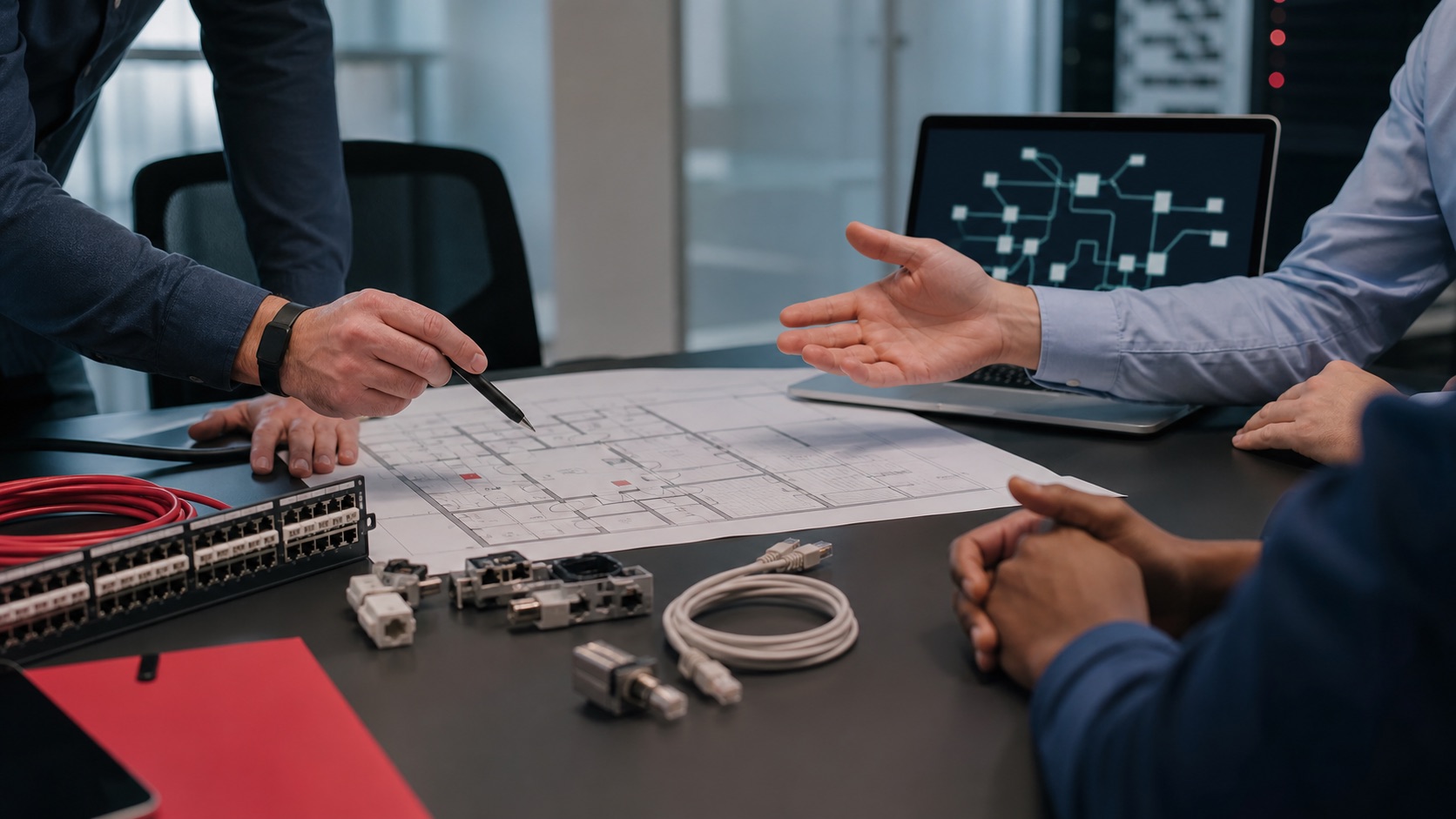 Equipo técnico planeando un proyecto de red empresarial