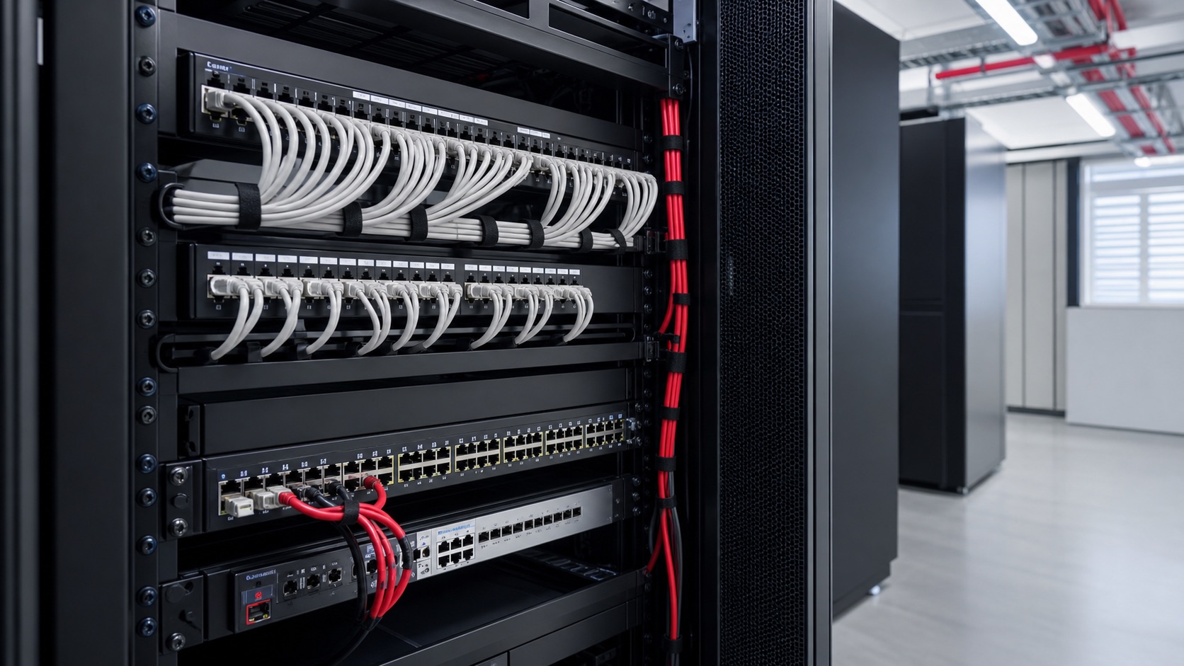 Rack empresarial con cableado estructurado ordenado